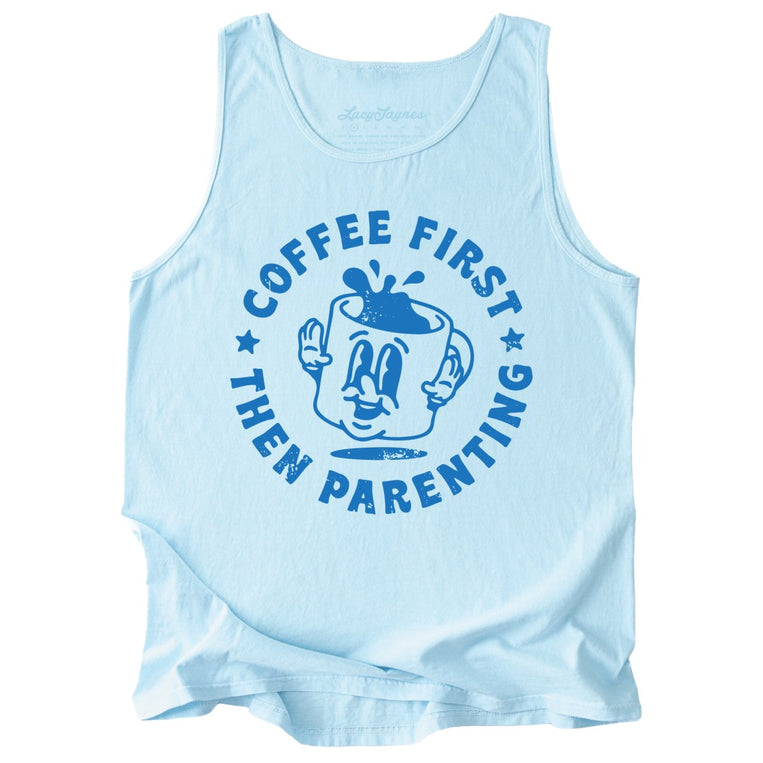 Coffee First Then Parenting Comfort Colors Graphic Tank Top - Chambray