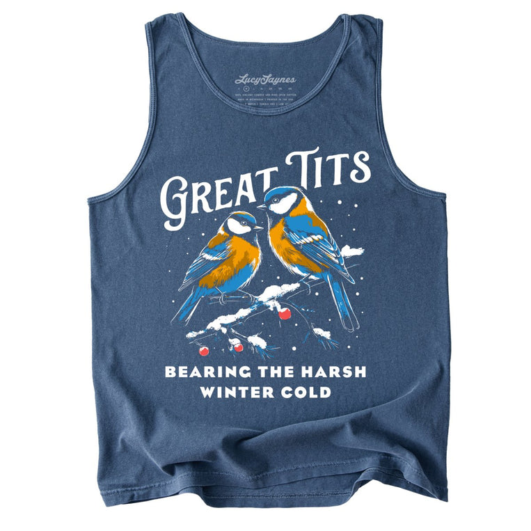 Great Tits Winter Cold Comfort Colors Graphic Tank Top - Denim