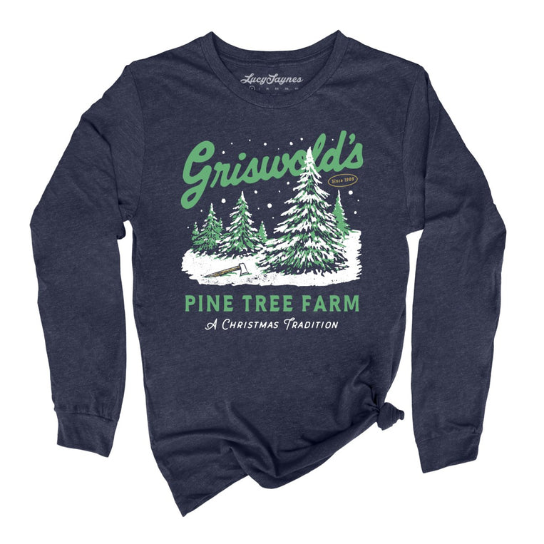 Griswold's Pine Tree Farm - Heather Navy - Unisex Long Sleeve T-Shirt