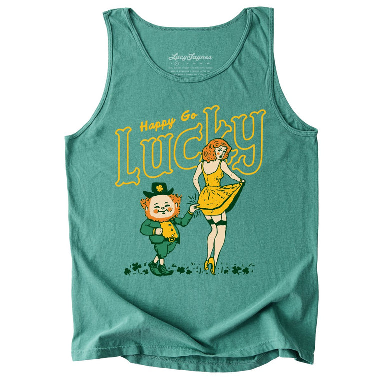 Happy Go Lucky Comfort Colors Graphic Tank Top - Light Green