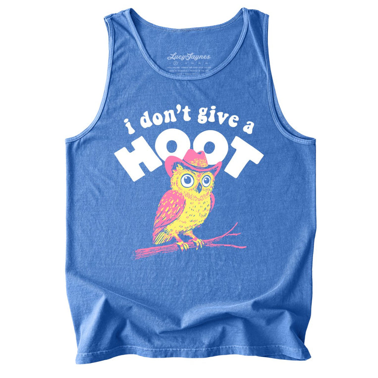 I Don't Give A Hoot Comfort Colors Graphic Tank Top - Flo Blue
