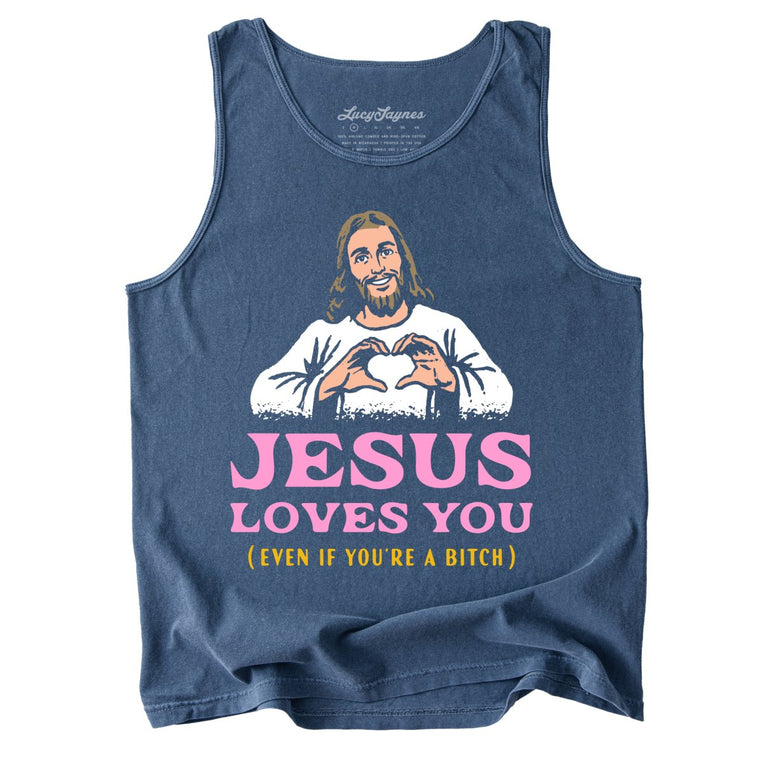Jesus Loves You Comfort Colors Graphic Tank Top - Denim