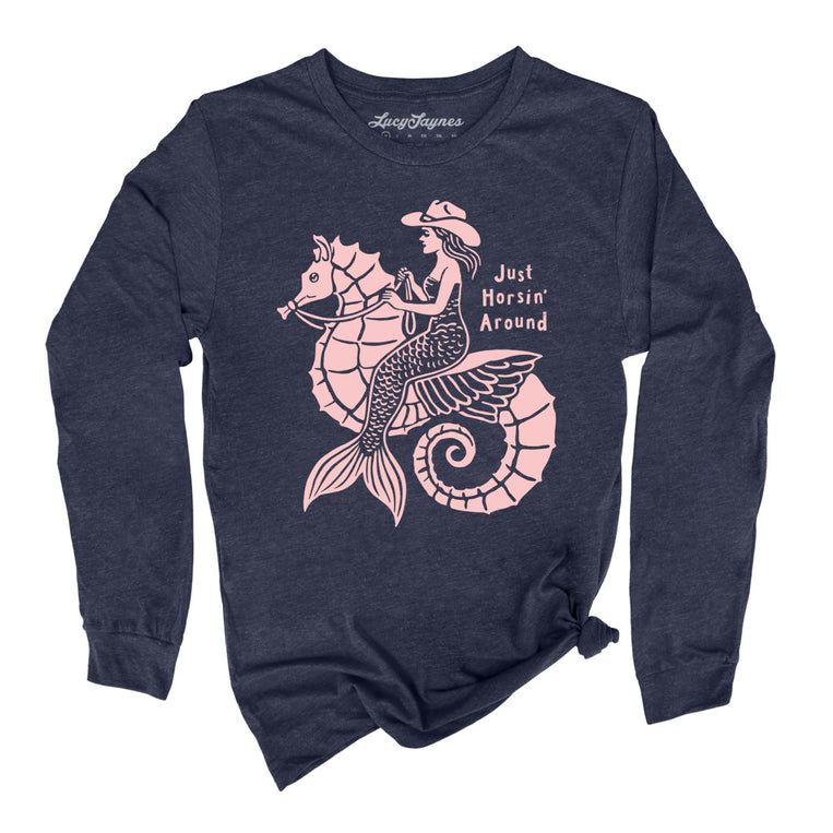 Just Horsin' Around Graphic Long Sleeve Tee - Heather Navy