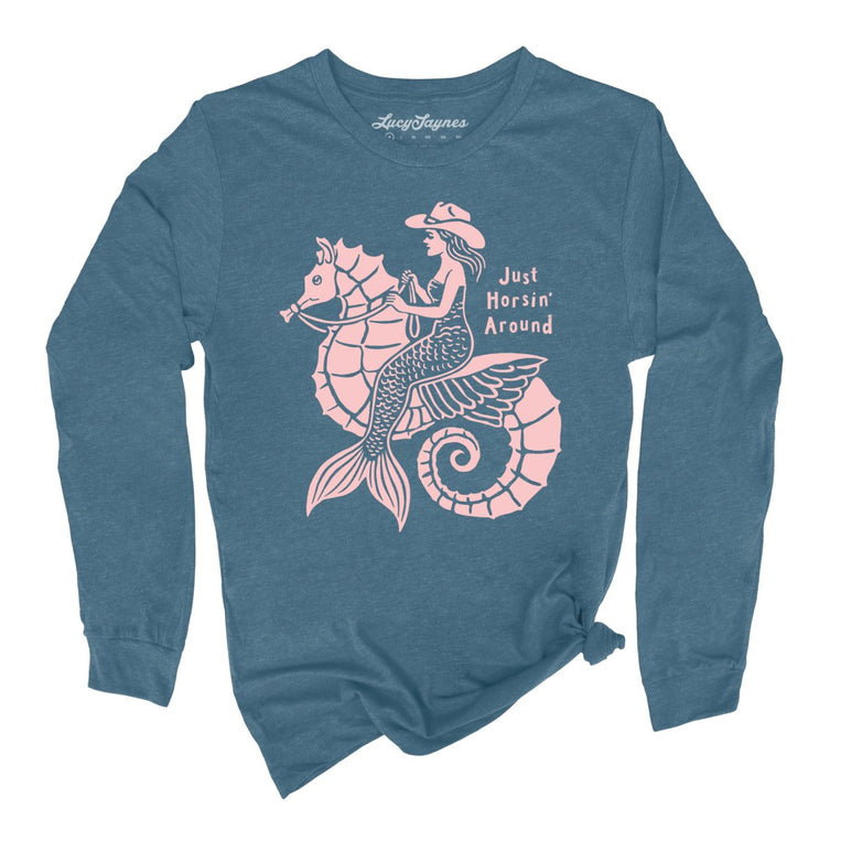 Just Horsin' Around Graphic Long Sleeve Tee - Heather Deep Teal