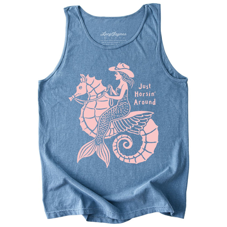 Just Horsin' Around Comfort Colors Graphic Tank Top - Blue Jean