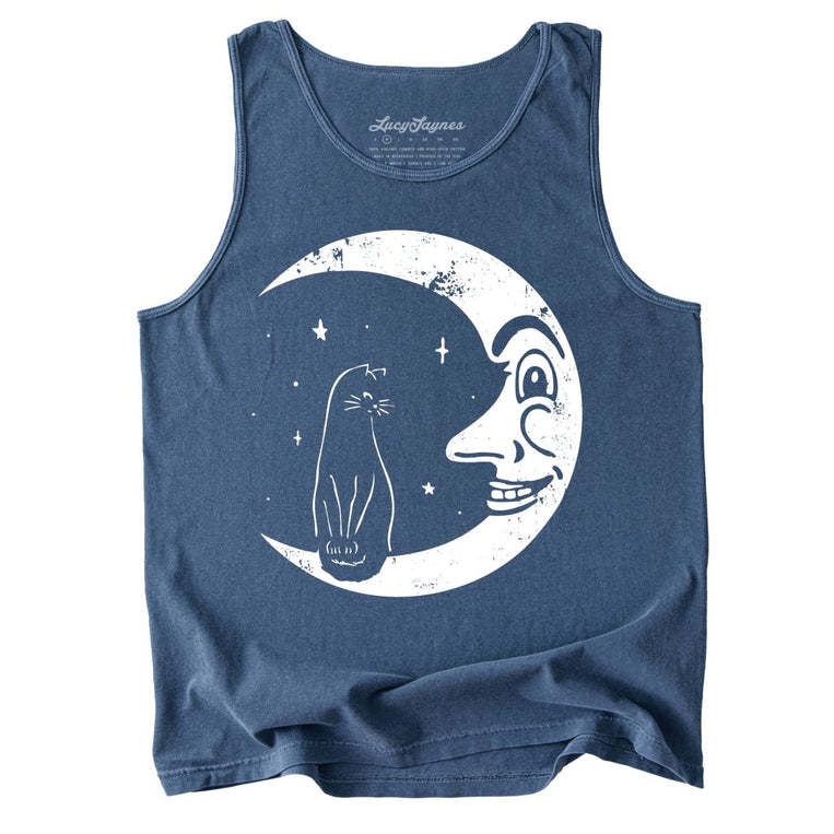 Kitty On The Moon Comfort Colors Graphic Tank Top - Denim
