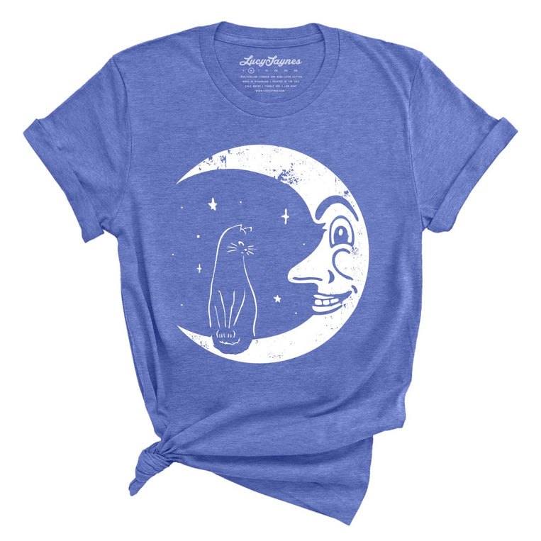 Kitty On The Moon - Heather Columbia Blue - Unisex T-Shirt