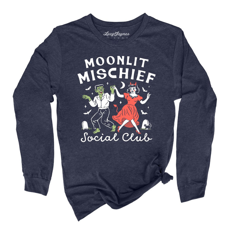 Moonlit Mischief Social Club - Heather Navy - Unisex Long Sleeve T-Shirt