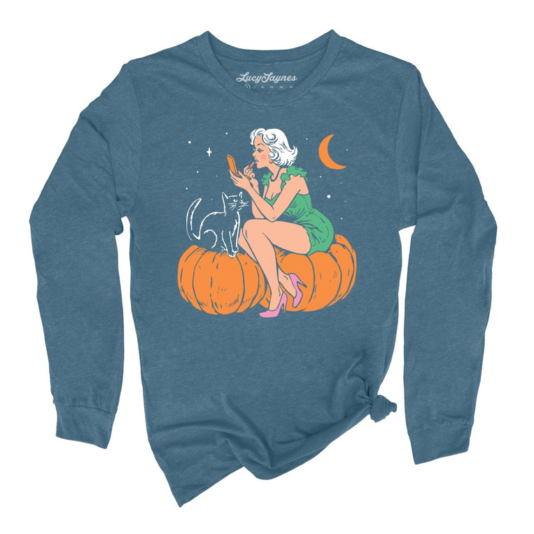 Pumpkin Pinup - Heather Deep Teal - Unisex Long Sleeve T-Shirt