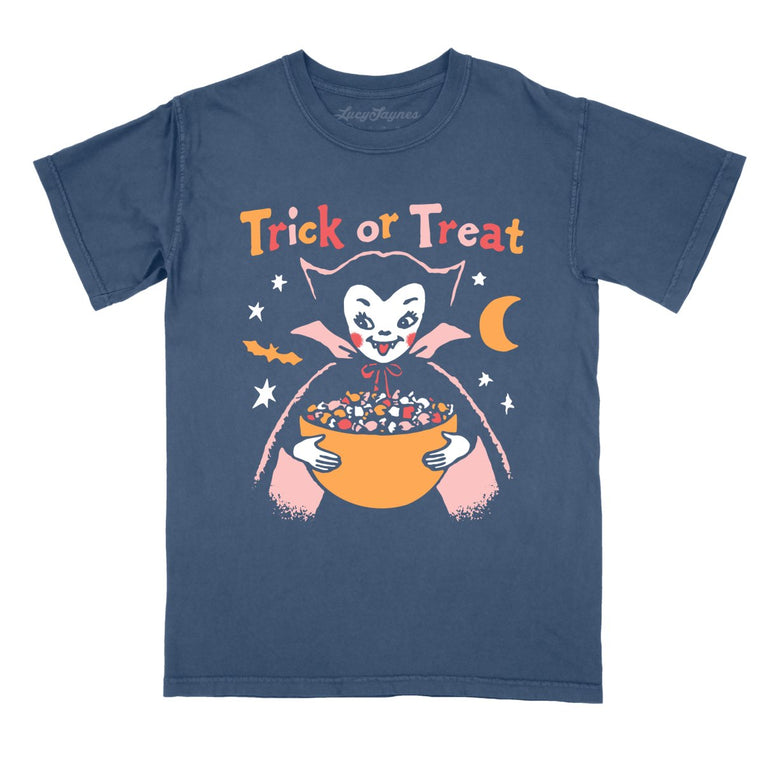 Retro Vampire Trick Or Treat - Denim - Comfort Colors Tee