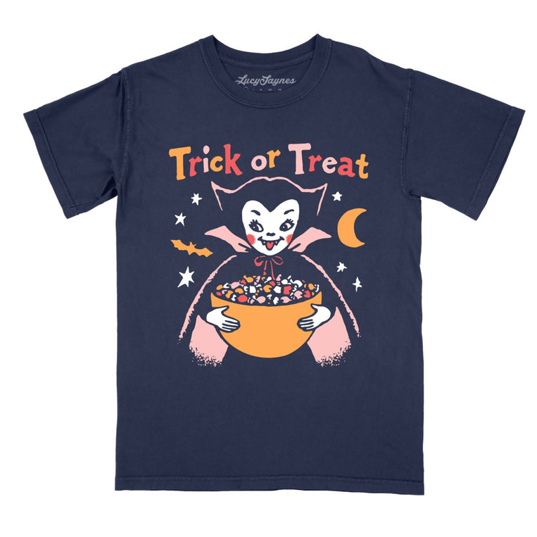 Retro Vampire Trick Or Treat - True Navy - Comfort Colors Tee