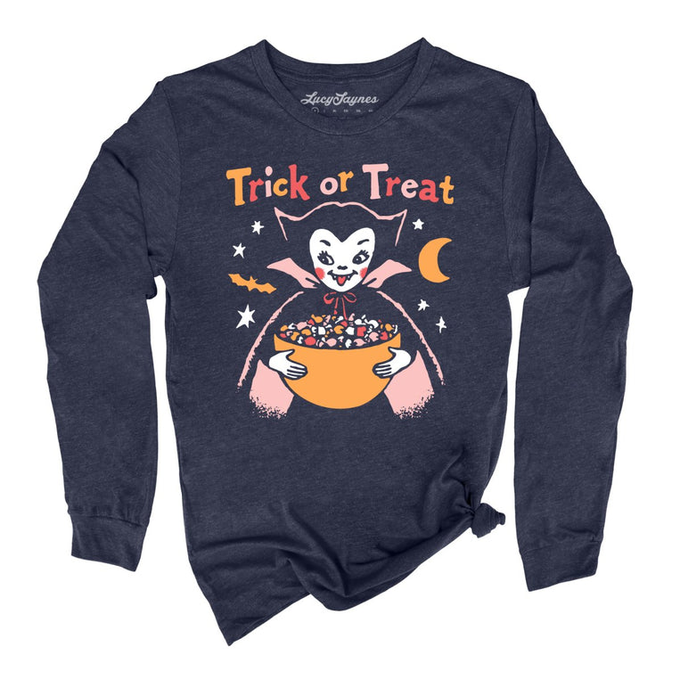 Retro Vampire Trick Or Treat - Heather Navy - Unisex Long Sleeve T-Shirt