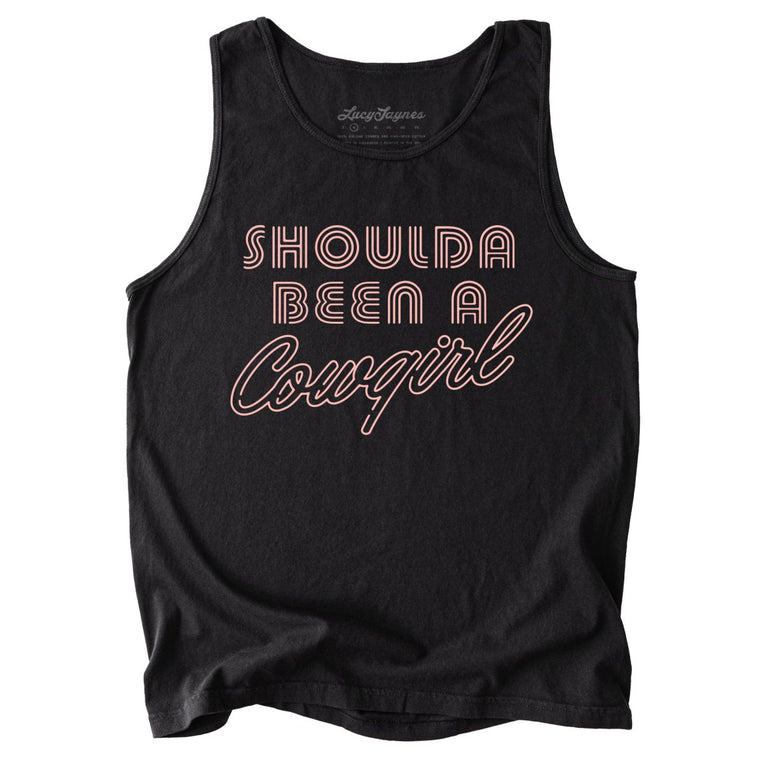 Should of Been a Cowgirl Retro Neon Comfort Colors Graphic Tank Top - Black