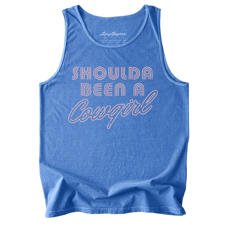 Should of Been a Cowgirl Retro Neon Comfort Colors Graphic Tank Top - Flo Blue
