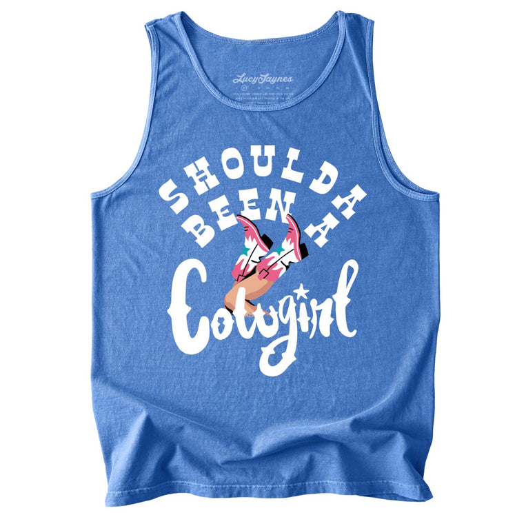 Should of Been a Cowgirl Comfort Colors Graphic Tank Top - Flo Blue