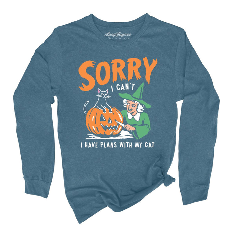 Sorry I Can't I Have Plans With My Cat - Heather Deep Teal - Unisex Long Sleeve T-Shirt