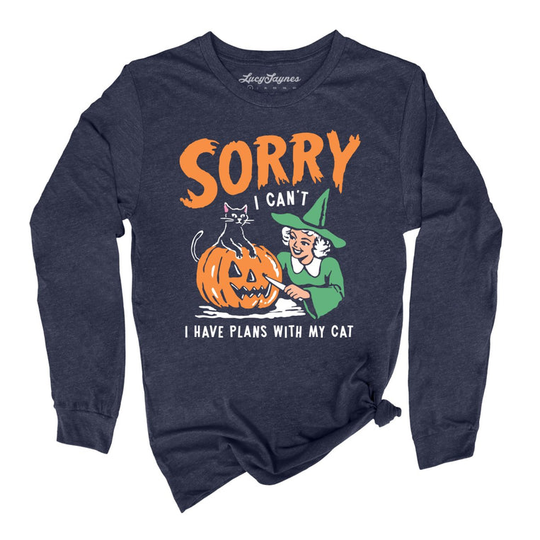 Sorry I Can't I Have Plans With My Cat - Heather Navy - Unisex Long Sleeve T-Shirt