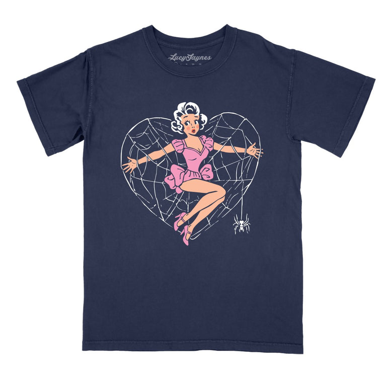 Spider Web Heart Pinup - True Navy - Comfort Colors Tee