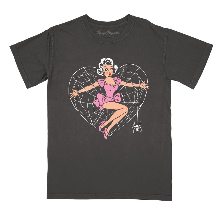 Spider Web Heart Pinup - Pepper - Comfort Colors Tee