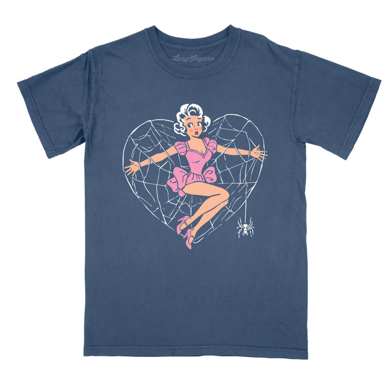 Spider Web Heart Pinup - Denim - Comfort Colors Tee