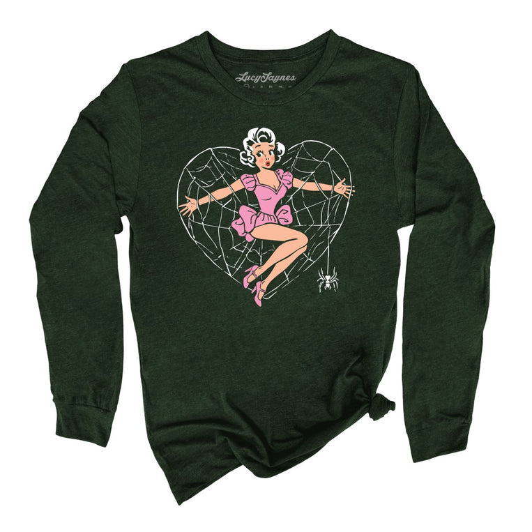 Spider Web Heart Pinup - Heather Forest - Unisex Long Sleeve T-Shirt