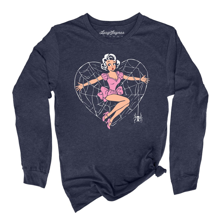 Spider Web Heart Pinup - Heather Navy - Unisex Long Sleeve T-Shirt