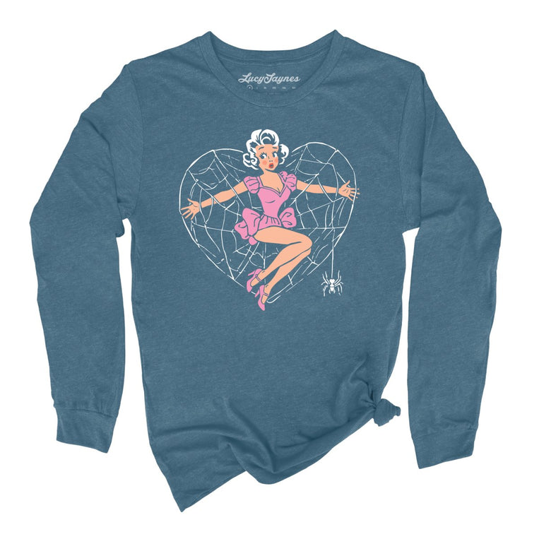 Spider Web Heart Pinup - Heather Deep Teal - Unisex Long Sleeve T-Shirt