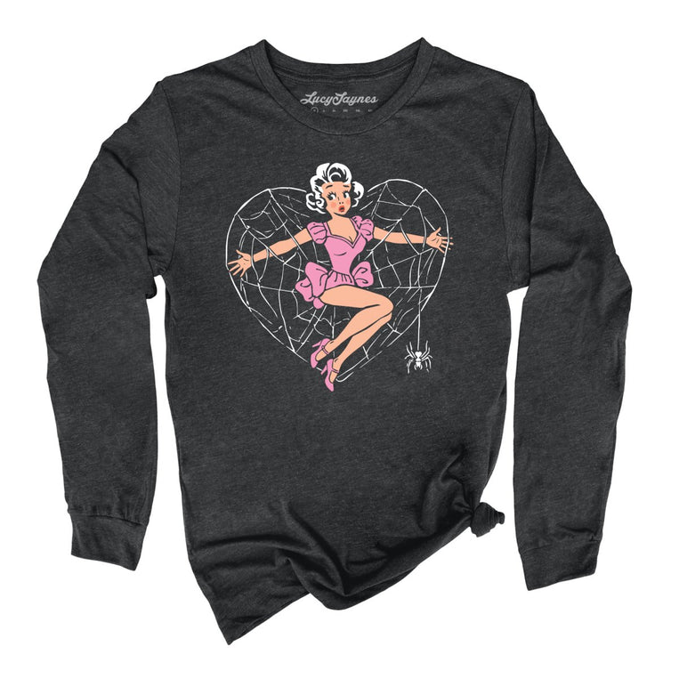 Spider Web Heart Pinup - Dark Grey Heather - Unisex Long Sleeve T-Shirt