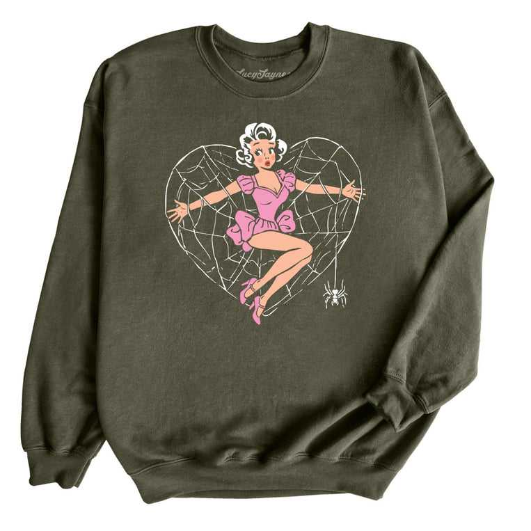 Spider Web Heart Pinup - Military Green - Unisex Sweatshirt