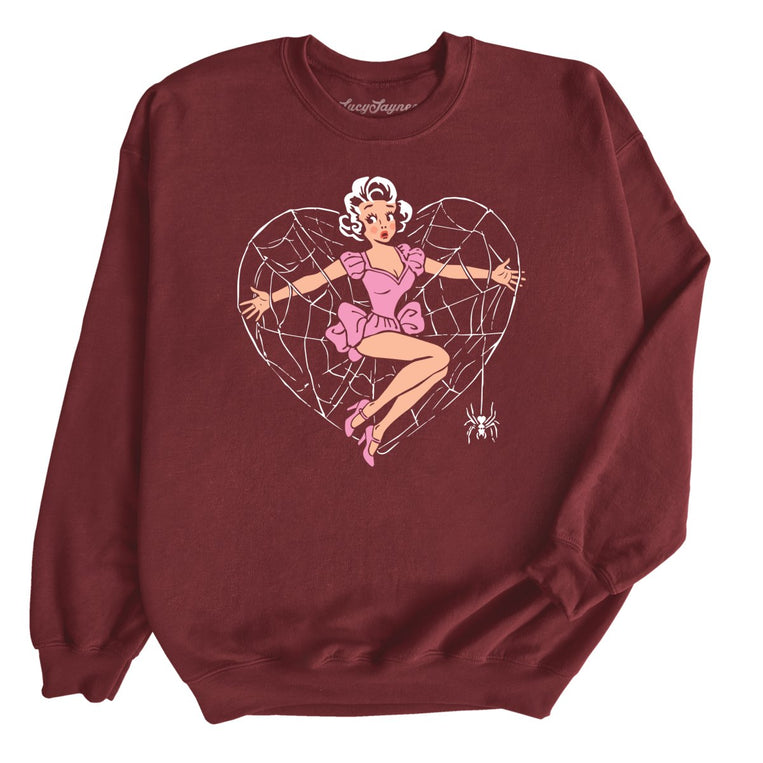 Spider Web Heart Pinup - Maroon - Unisex Sweatshirt