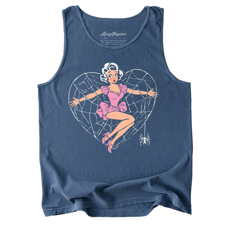 Spider Web Heart Pinup - Denim - Tank Top