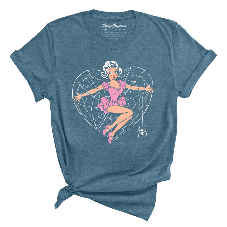 Spider Web Heart Pinup - Heather Deep Teal - Unisex T-Shirt