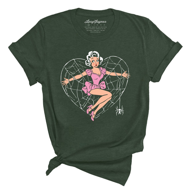 Spider Web Heart Pinup - Heather Forest - Unisex T-Shirt