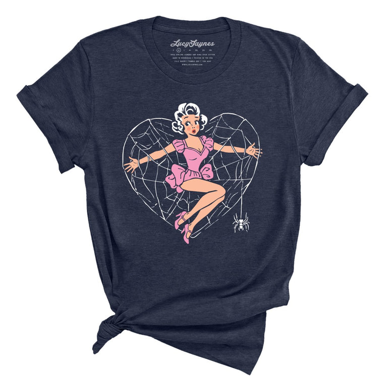 Spider Web Heart Pinup - Heather Midnight Navy - Unisex T-Shirt