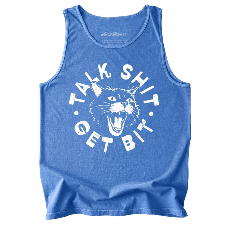 Talk Shit Get Bit Comfort Colors Graphic Tank Top - Flo Blue