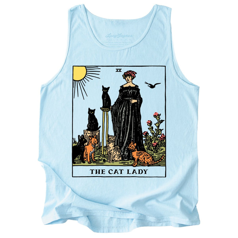 The Cat Lady Tarot Card Comfort Colors Graphic Tank Top - Chambray