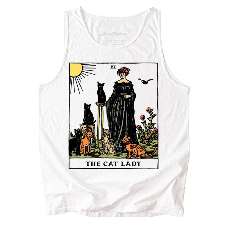 The Cat Lady Tarot Card Comfort Colors Graphic Tank Top - White
