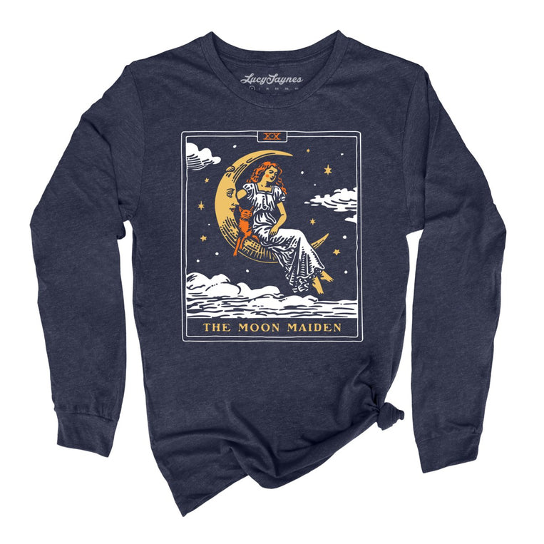 The Moon Maiden Tarot Card - Heather Navy - Unisex Long Sleeve T-Shirt