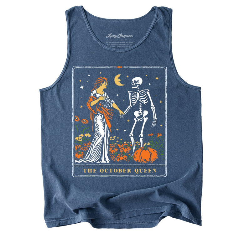 The October Queen Tarot Card Comfort Colors Graphic Tank Top - Denim