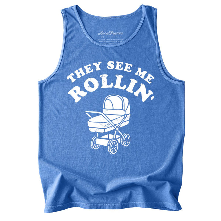 They See Me Rollin' Comfort Colors Graphic Tank Top - Flo Blue