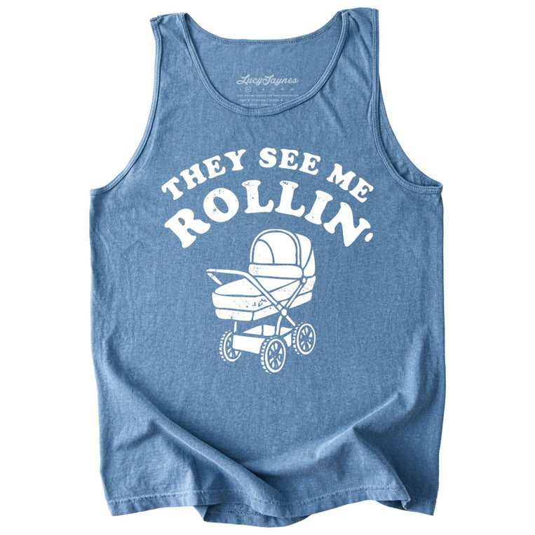 They See Me Rollin' Comfort Colors Graphic Tank Top - Blue Jean