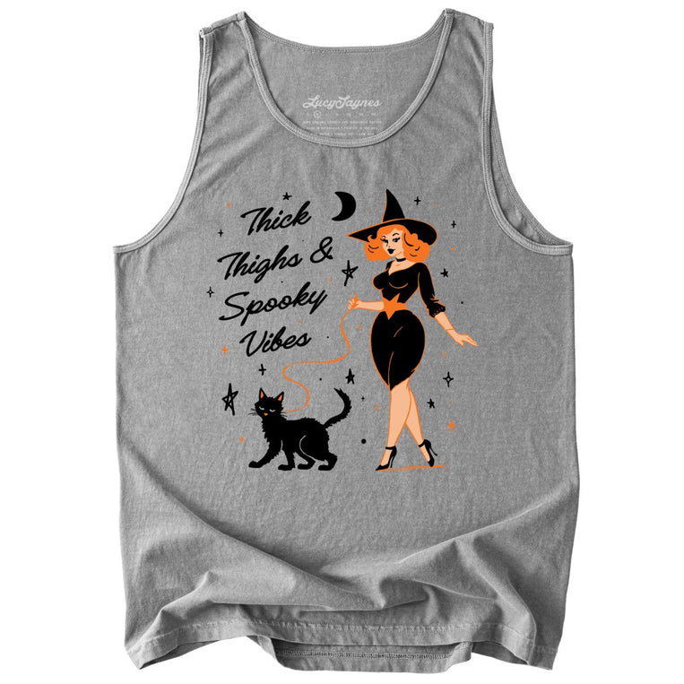 Thick Thighs and Spooky Vibes Comfort Colors Graphic Tank Top - Grey