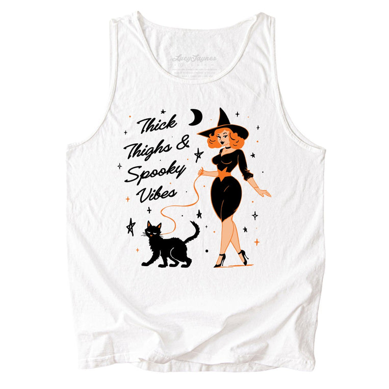 Thick Thighs and Spooky Vibes Comfort Colors Graphic Tank Top - White