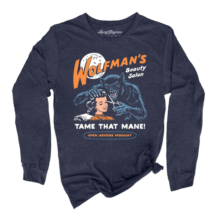 Wolfman's Beauty Salon - Heather Navy - Unisex Long Sleeve T-Shirt